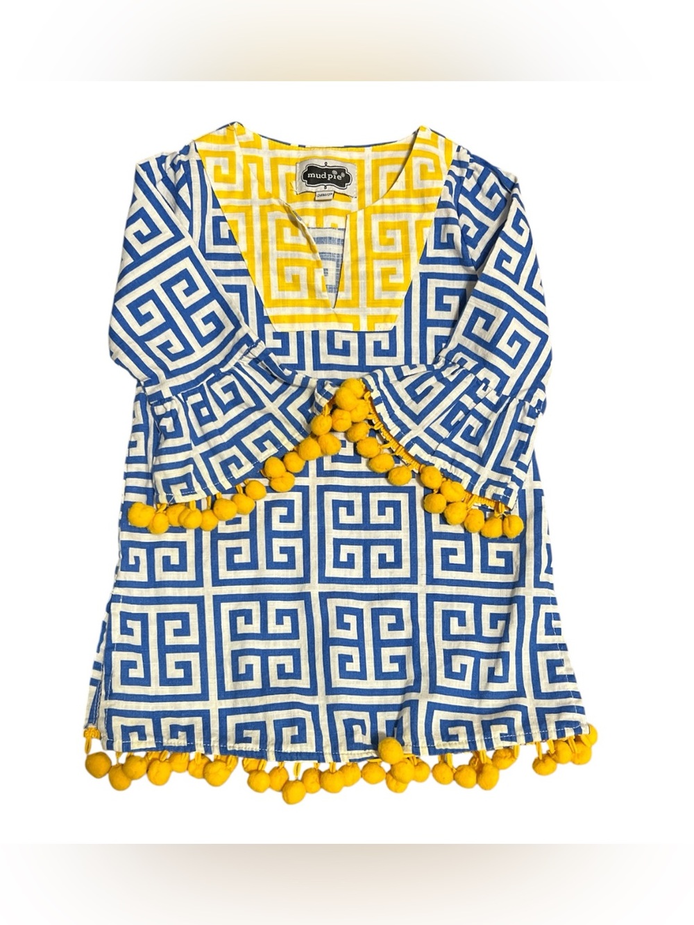 Kids Mud Pie Blue and Yellow Pom Pom Greek Key Top